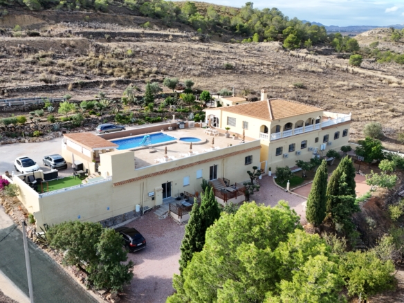 Drone shot van ruime Spaanse villa Hondón de las Nieves met zwembad en grote tuin.