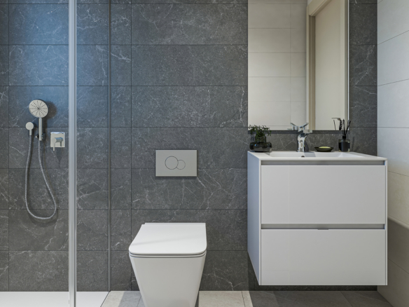 Badkamer met inloopdouche en natuursteen afwerking