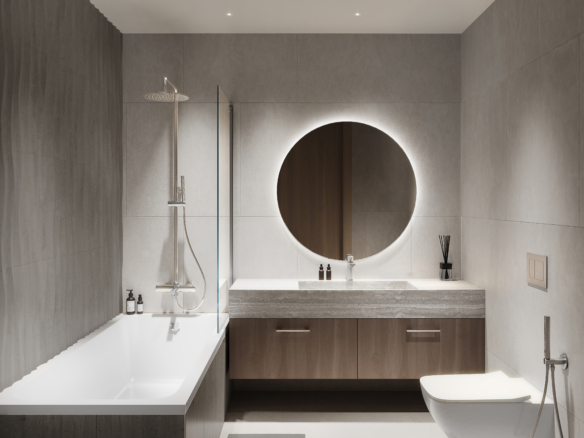 Moderne badkamer met nisplank en glazen douchewand