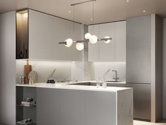 Strakke keukenopstelling met hoge kasten en ontbijtbar