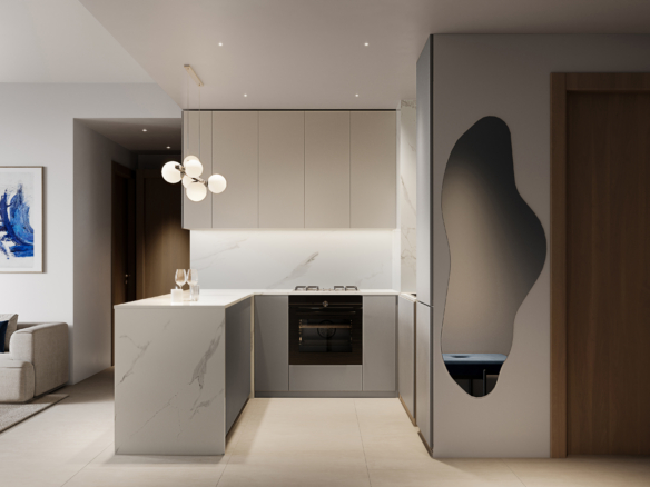 Open keuken met inbouwapparatuur en kwartstenen blad in Vistara House 1 Al Furjan