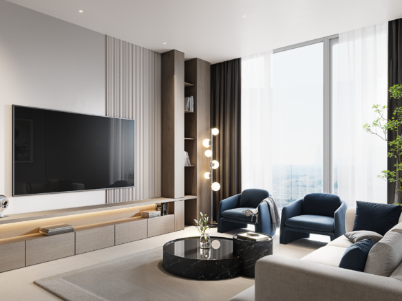 Lichte living met neutrale afwerkingen en doorlopende vloer