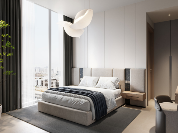 Slaapkamer met ingebouwde kasten en zachte stoffering in Vistara House 1