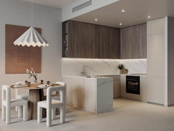 Moderne keuken met inbouwapparatuur en halfopen opstelling in AUREL1A Residence