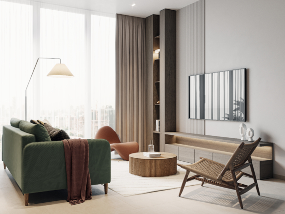 Woonkamer met ruime zithoek, balkontoegang en panoramaramen in AUREL1A Residence Dubai Sports City