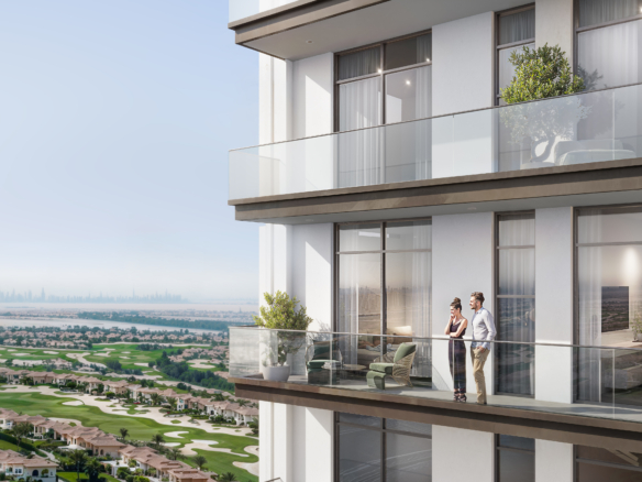 Skyline-uitzicht richting Marina vanaf Dubai Sports City nabij AUREL1A Residence