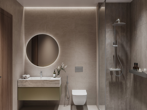 Badkamer met inloopdouche, grote tegelafwerking en spiegelverlichting in AUREL1A Residence