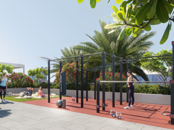 Volledig uitgeruste gym met kracht- en cardiozone in AUREL1A Residence