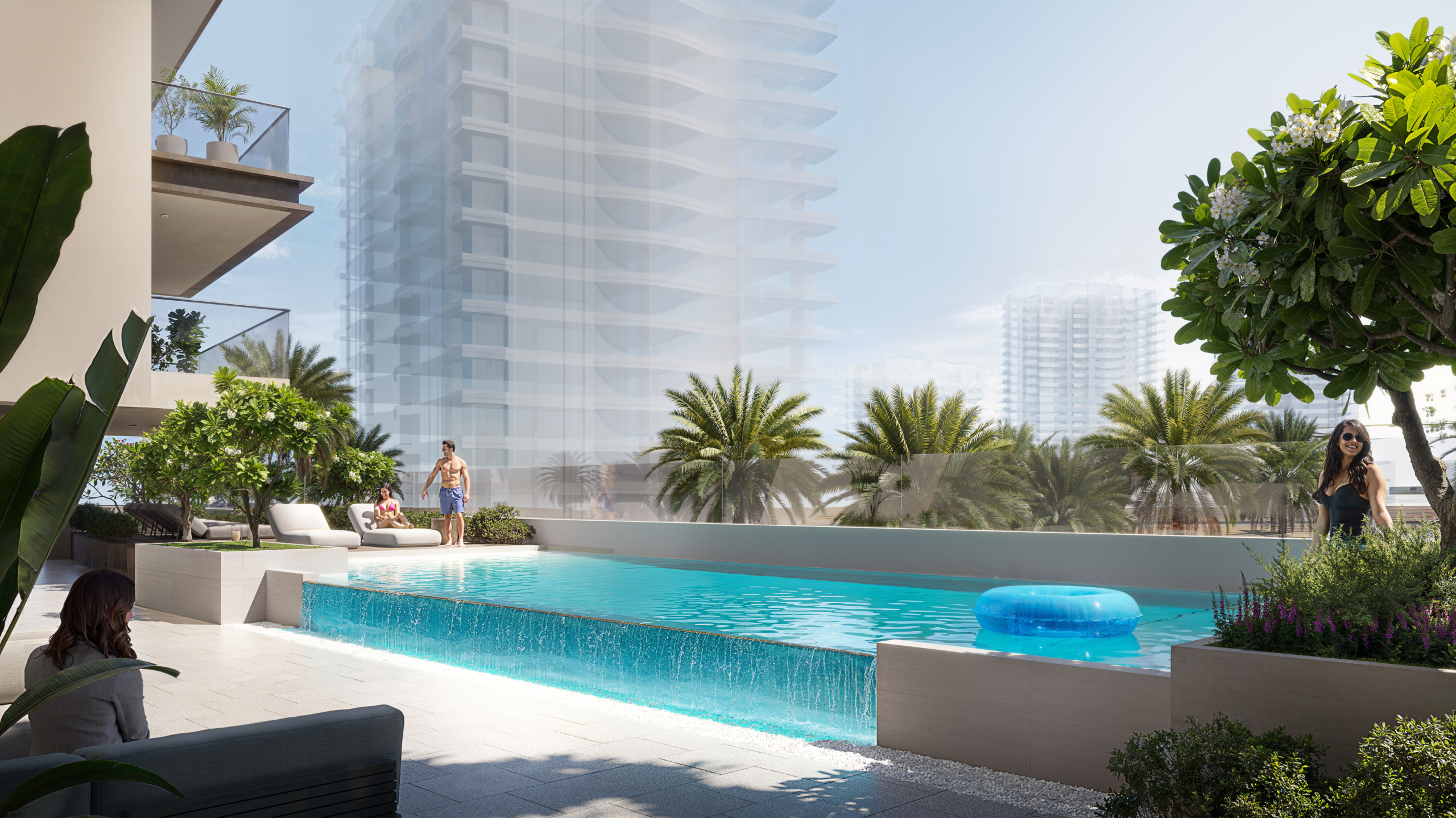 Buitenzwembad met zonnedek en cabanas bij AUREL1A Residence Dubai Sports City