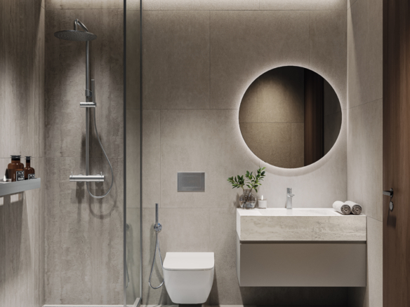 Badkamer met inloopdouche en grote spiegelverlichting in AUREL1A Residence Dubai Sports City