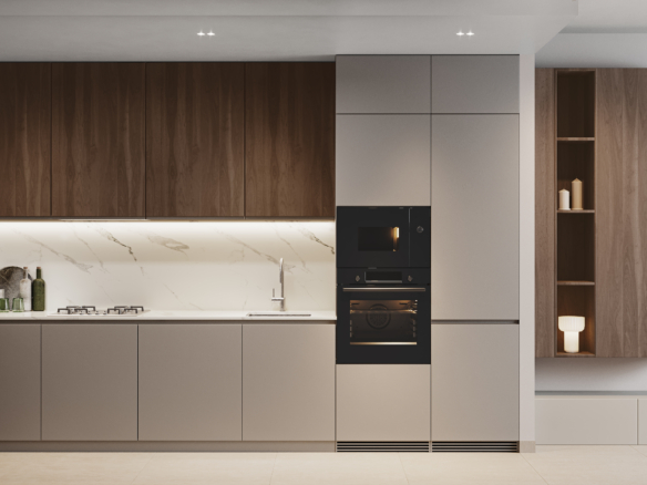 Compacte studio-keuken met inbouwapparatuur en hoog kastwerk in AUREL1A Residence