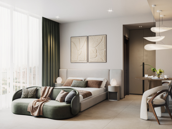 Studio-woonkamer met open indeling en balkontoegang, veel daglicht