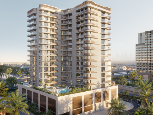 Voorgevel met podiumdek en verticale balkonlijnen