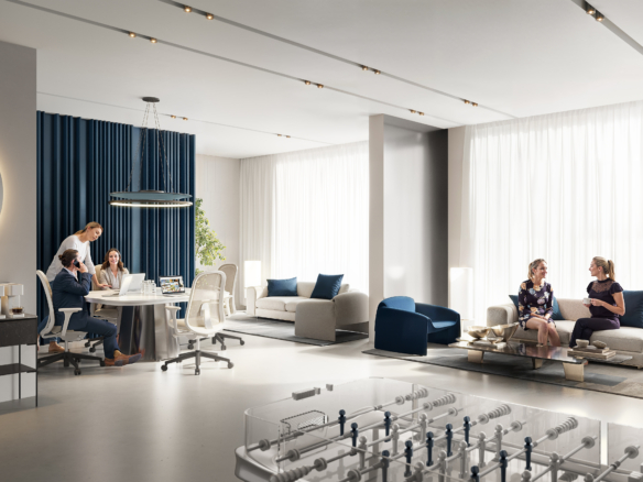 Clubhouse met loungehoek en zicht op daktuin