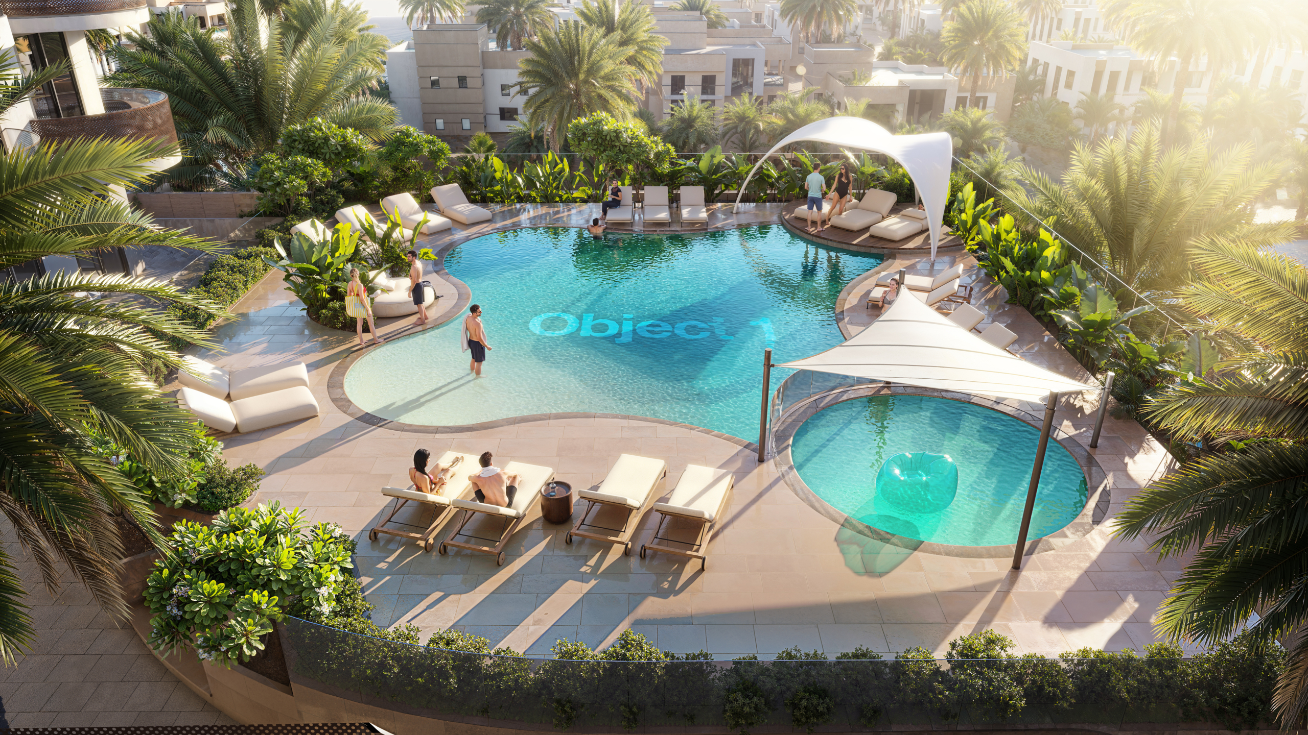 Zwembad met zonnedek en lounge bij Vistara House 1 Al Furjan