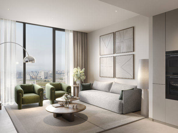 Woonkamer met royale zithoek en floor-to-ceiling ramen in VERDANIA 4 DLRC