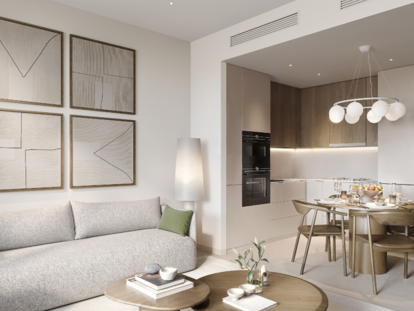 Open keuken met inbouwapparatuur en kwartstenen blad in VERDANIA 4 DLRC