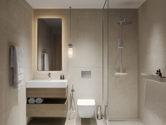 Badkamer met inloopdouche, grote tegels en spiegelverlichting in VERDANIA 4 DLRC