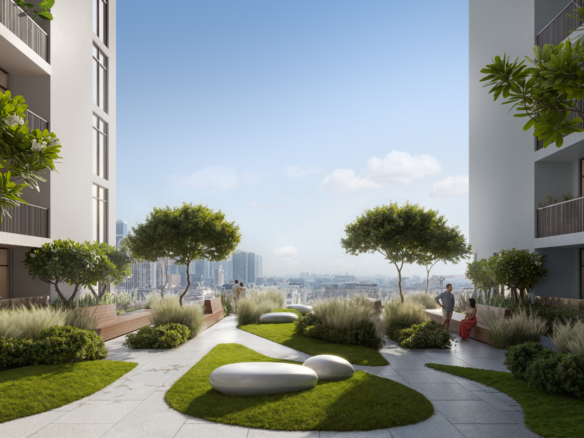 Rooftop tuin met zitplekken en wandelpad voor bewoners VERDANIA 4 DLRC