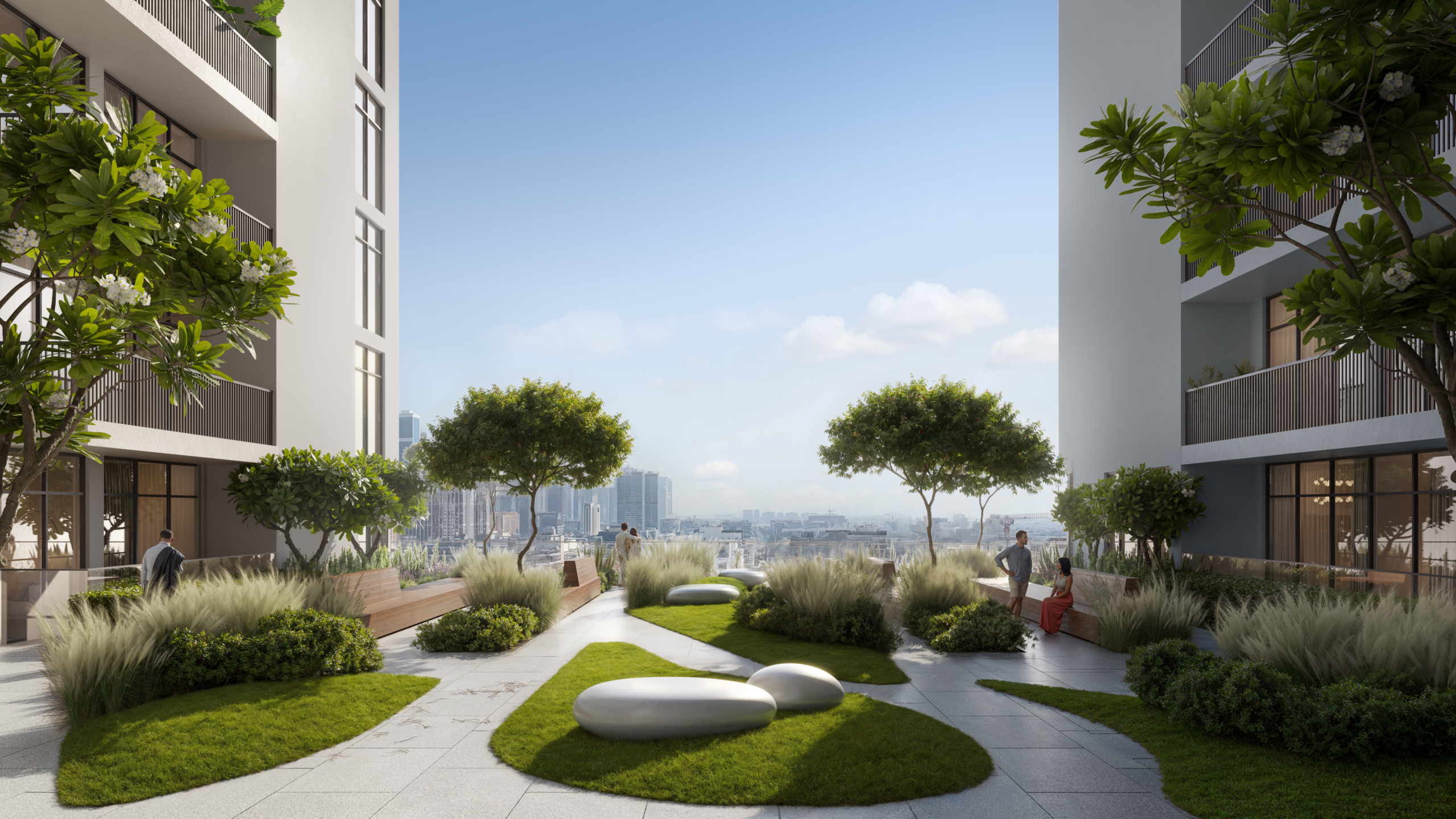 Rooftop tuin met zitplekken en wandelpad voor bewoners VERDANIA 4 DLRC