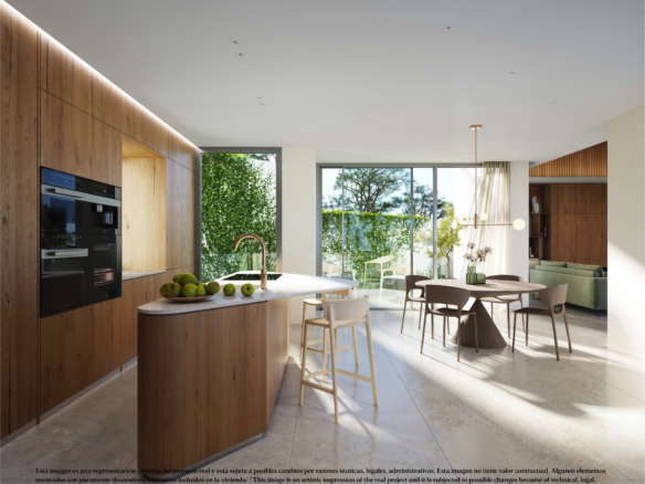 Open keuken met eiland, porseleinen blad en inbouwapparatuur