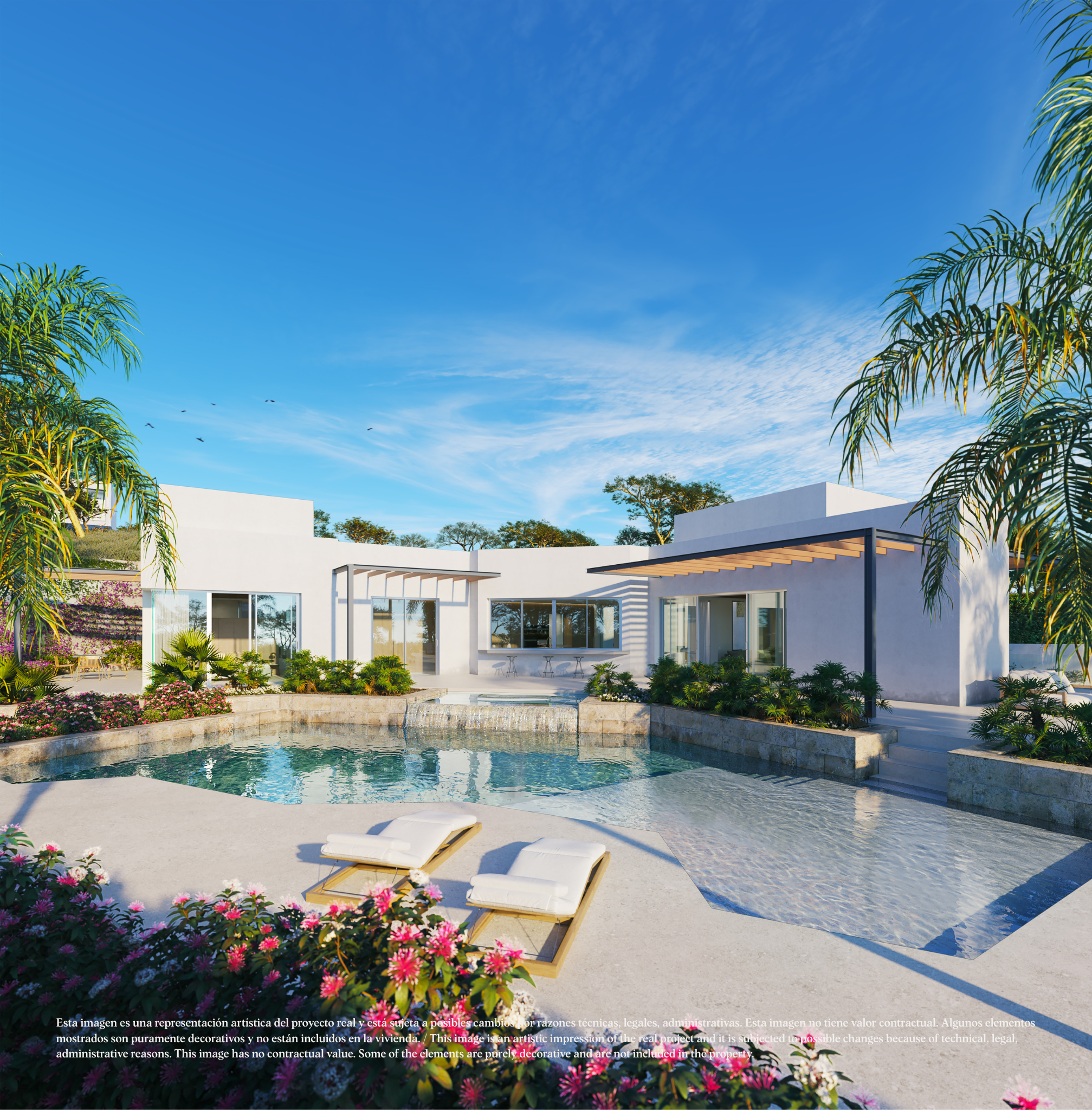 Exterieur designvilla met witte gevel en tropische beplanting