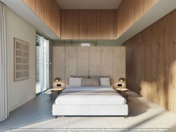 Slaapkamer met hoge plafonds en grote raampartijen