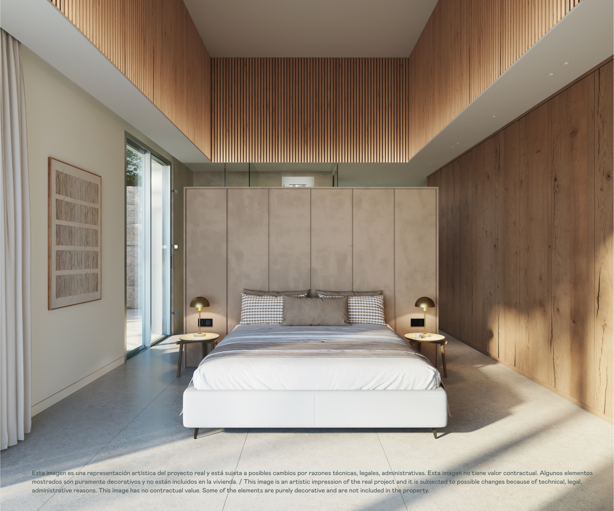 Slaapkamer met hoge plafonds en grote raampartijen