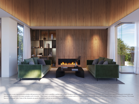 Woonkamer met houten maatwerkkast en geïntegreerde haard