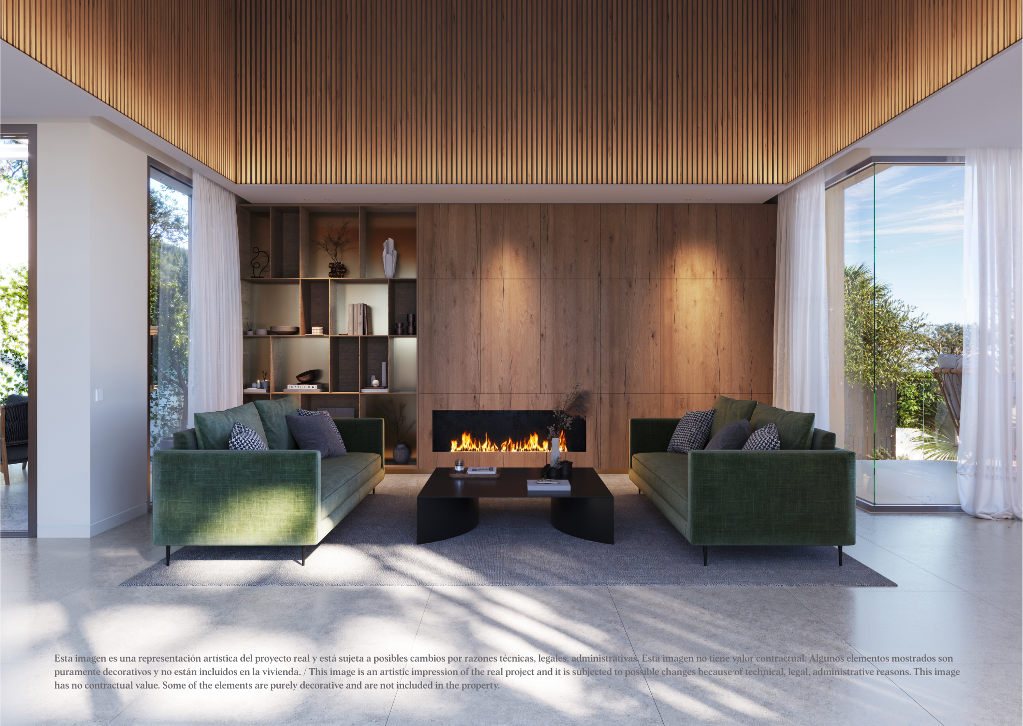 Woonkamer met houten maatwerkkast en geïntegreerde haard