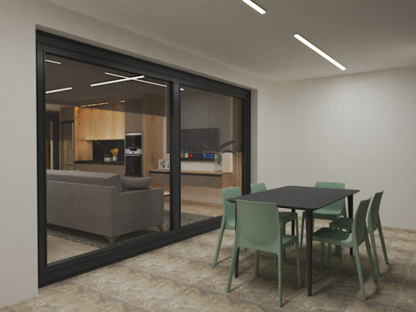 Het terras in de avond van de appartementen met verhuurlicentie