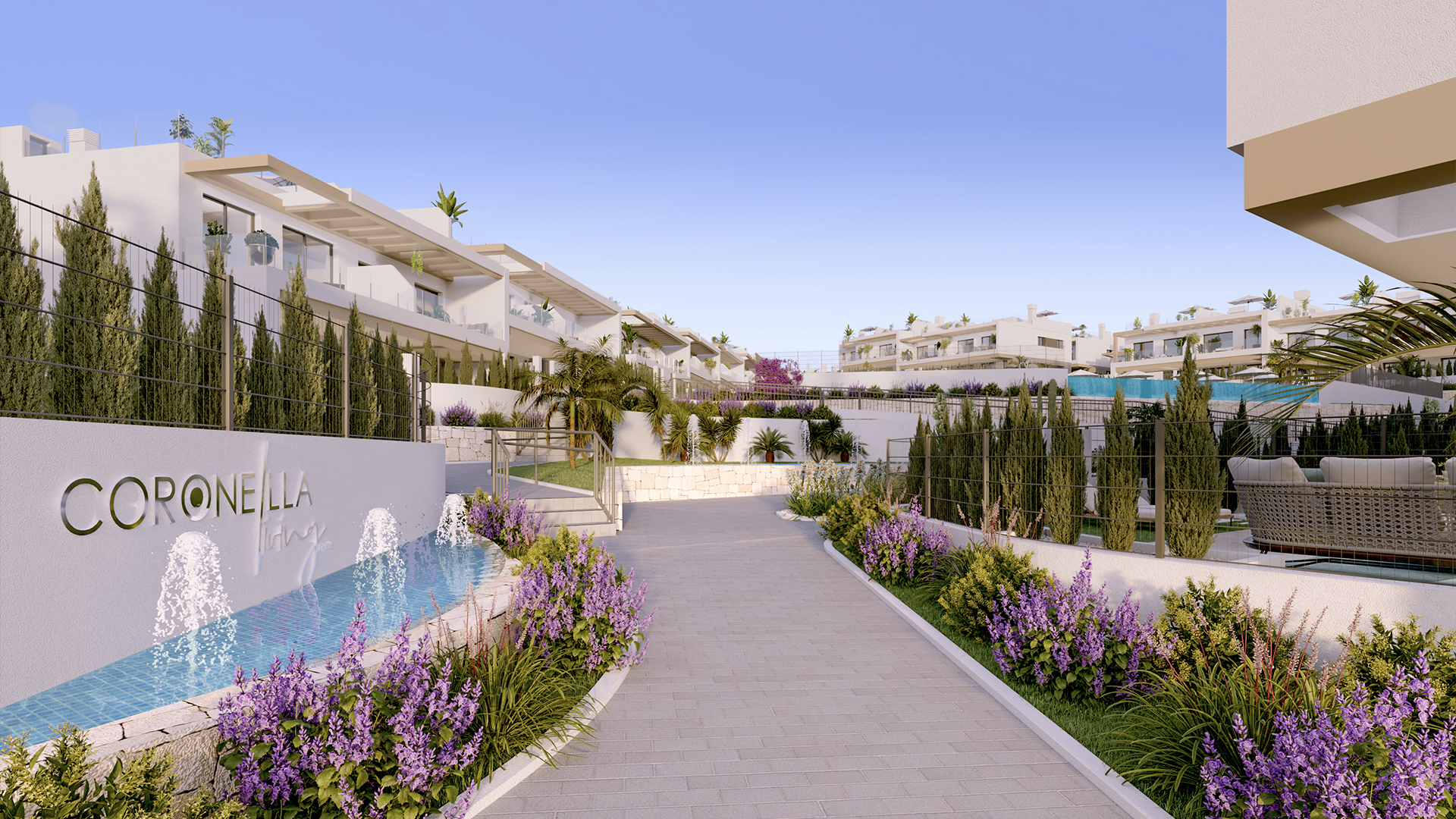 Wandelpad langs de binnenplaats van het project met water en beplanting