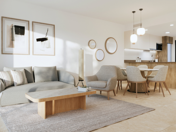 Woonkamer met eethoek en moderne keuken in nieuwbouw appartement