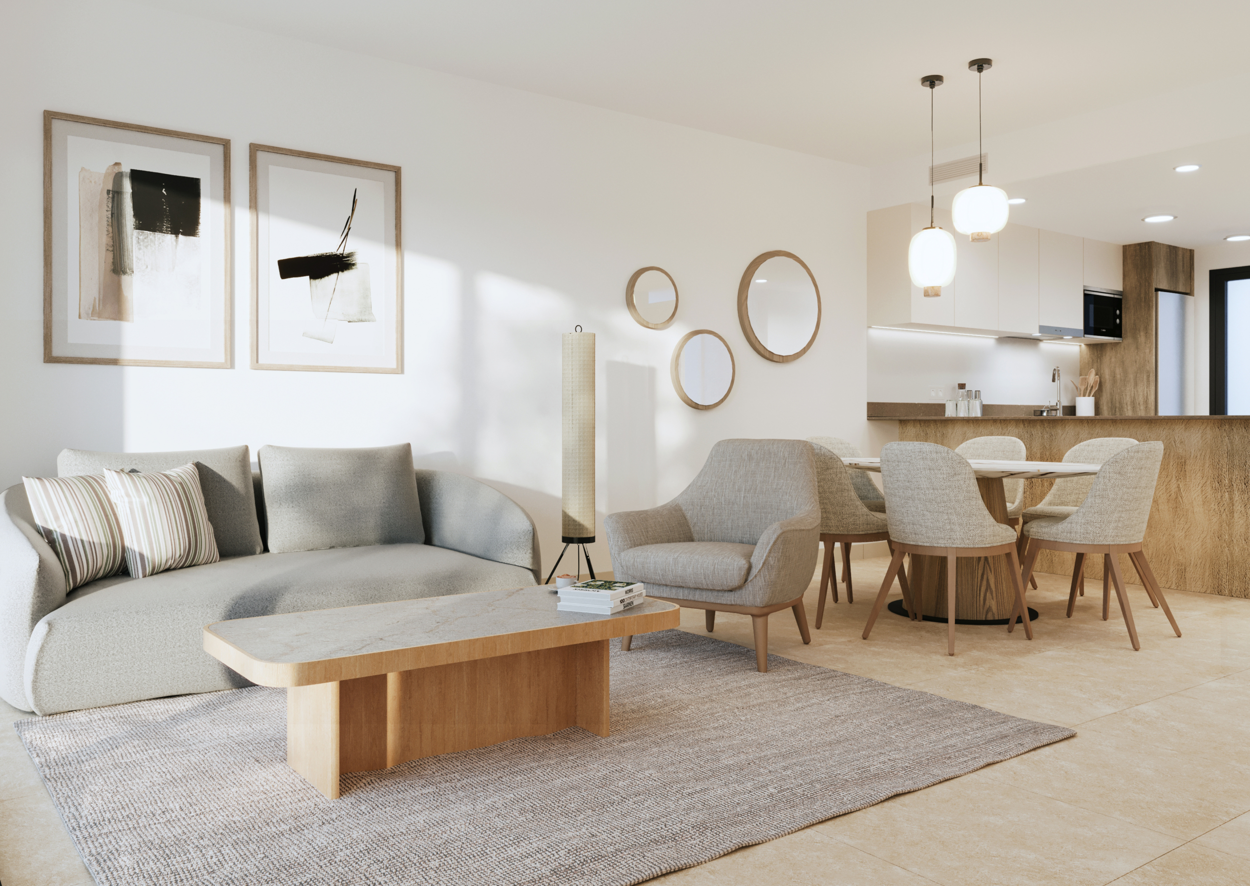 Woonkamer met eethoek en moderne keuken in nieuwbouw appartement