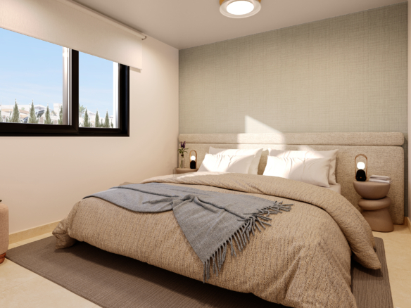 Master slaapkamer met moderne afwerking in nieuwbouw appartement Torrevieja