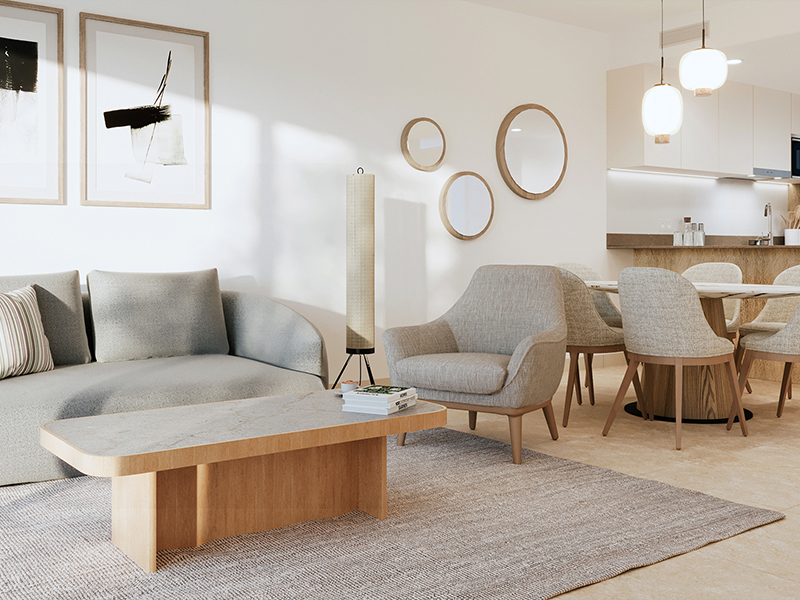 Moderne woonkamer in appartement in Torrevieja met veel lichtinval