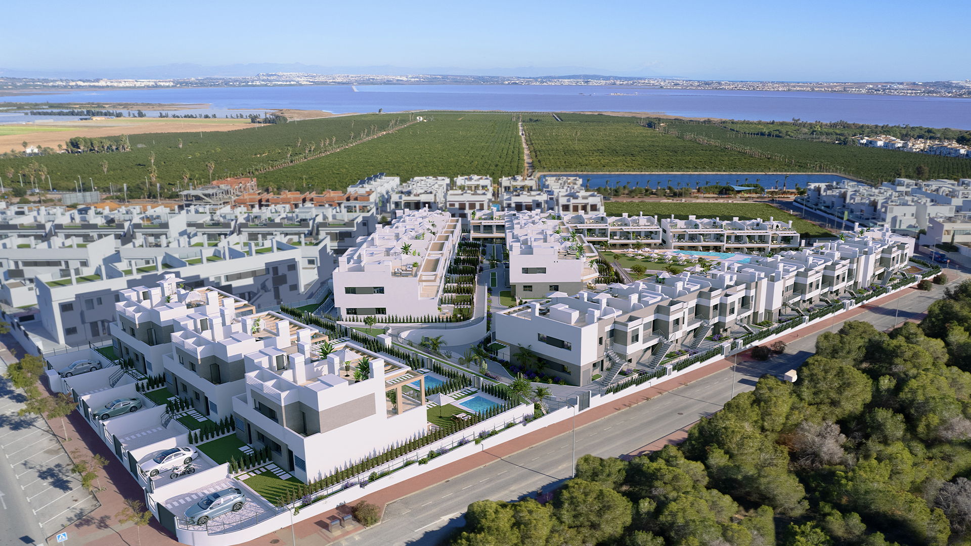 Luchtfoto van modern appartementenproject in Torrevieja nabij de Laguna Rosa