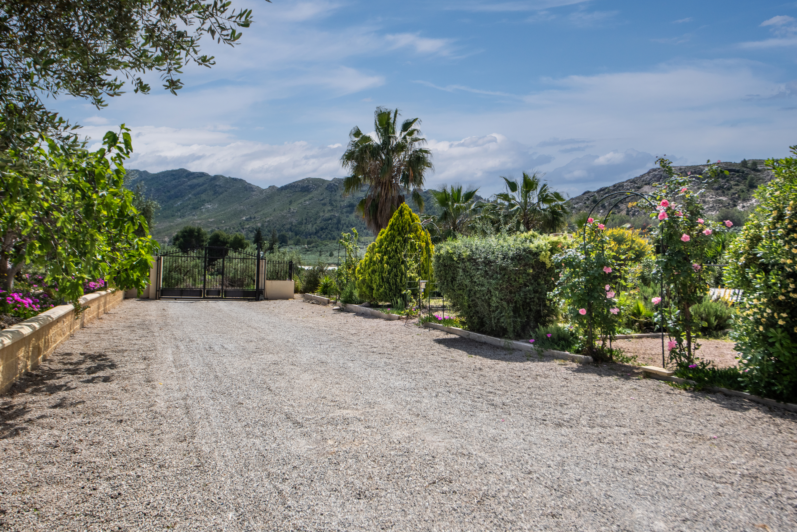 Gravel driveway leading to a black metal gate, surrounded by lush greenery and distant mountains under a blue sky