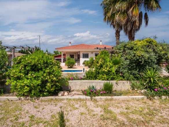 voorkant vanuit de tuin richting de woning, veel groen en mooie planten