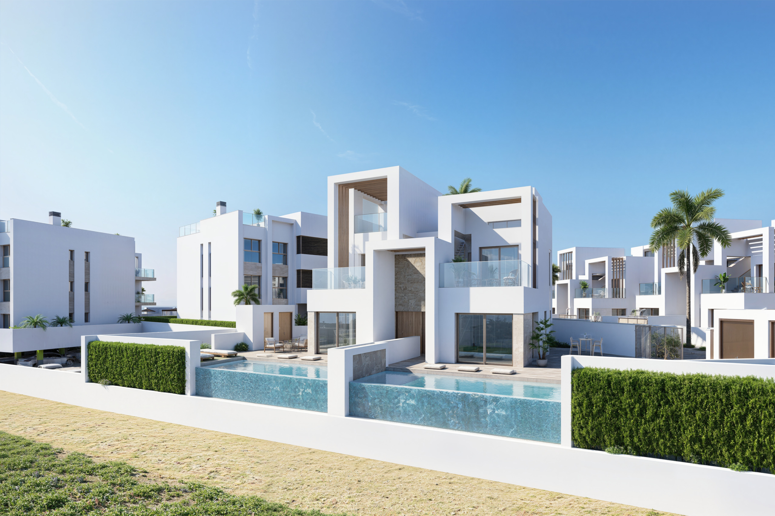 moderne appartementen in Los Alcázares aan Serena Golf met wit exterieur