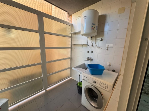 Laundry room with front-loading washing machine, blue tub, and sink under a wall-mounted water heater; shelves above the sink and a large frosted glass door on the left.