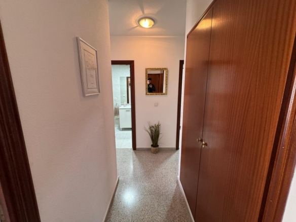 Narrow hallway with a potted plant at the end, a decorative framed mirror reflecting the photographer, and large wooden wardrobes along the right; bathroom doorway visible on the left.