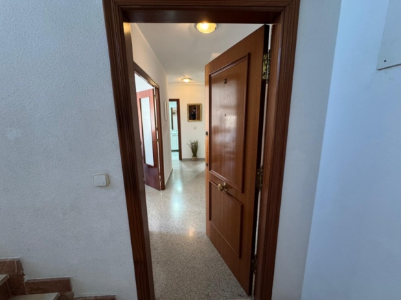 View down a narrow hallway with open wooden doors, a staircase on the left, and a potted plant at the end; warm ceiling lights illuminate the space.