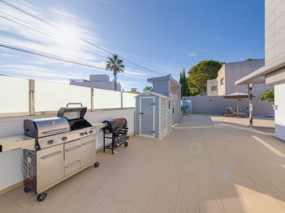A stainless steel barbecue grill on a tiled patio with a small gray shed nearby and a bright blue sky above.