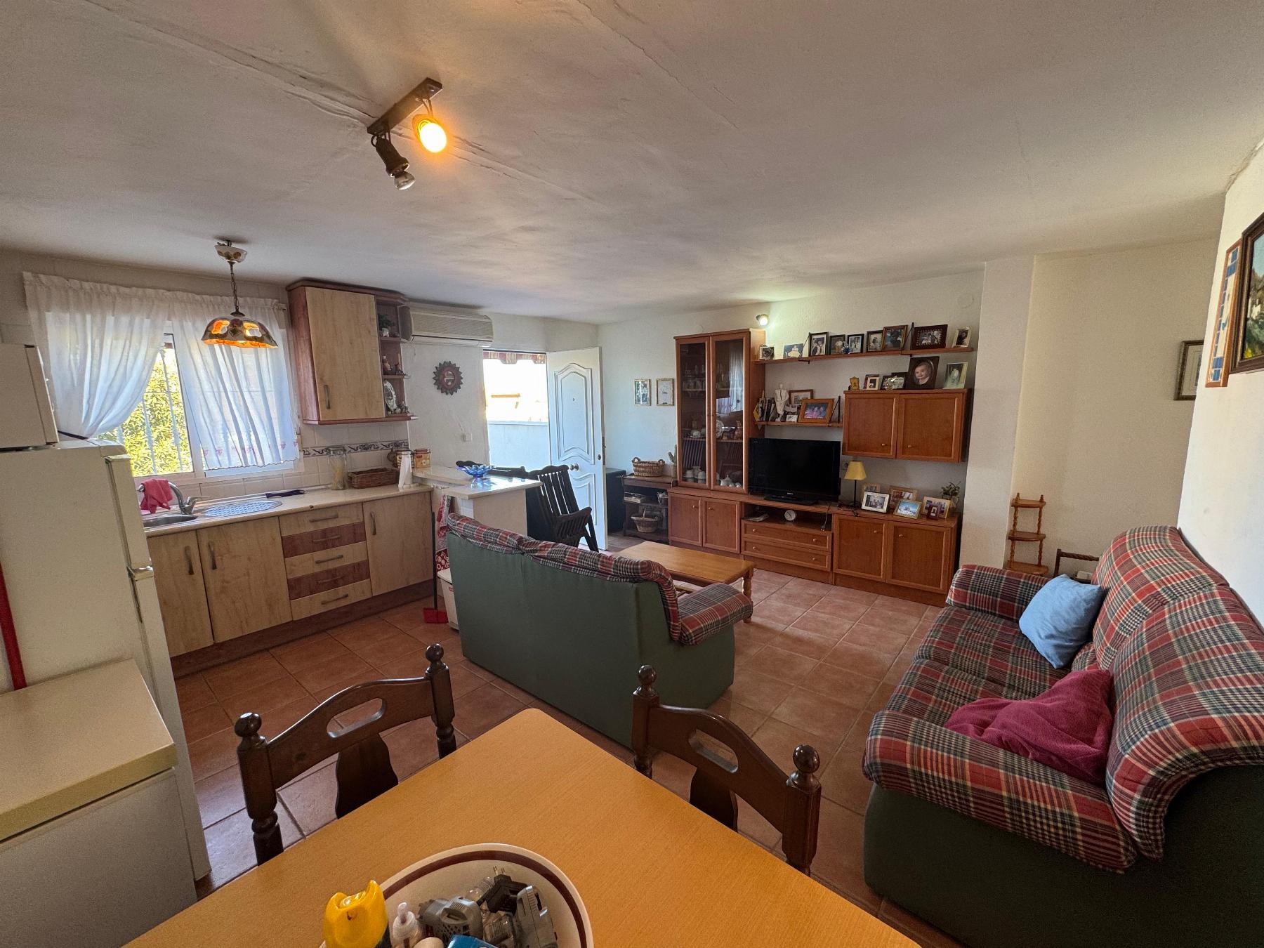 Open-plan living room and kitchen with plaid sofa, wood furniture, and a TV unit along the right wall; kitchen counters and sink on the left, window with white curtains behind.
