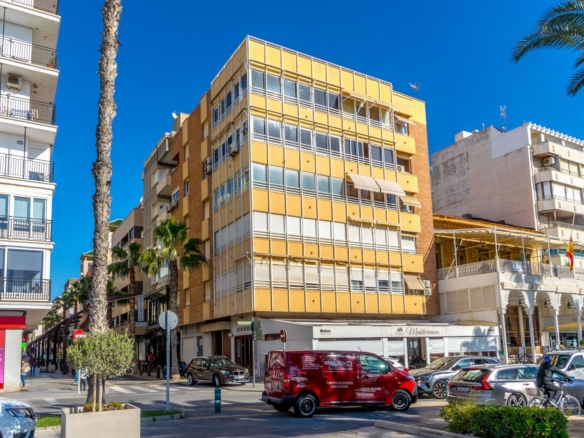 Street scene with a yellow multi-story building, palm trees, blue sky, and parked cars along a storefront-lined street.