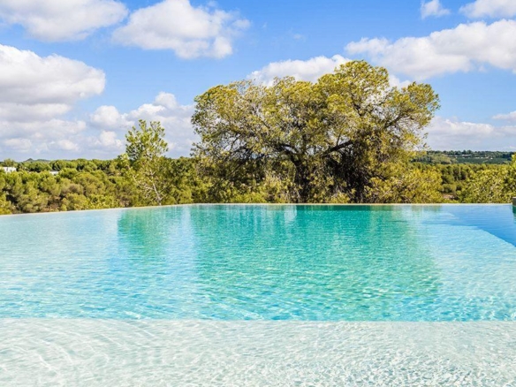 Infinity pool with turquoise water blending into a tree-filled landscape under a blue sky with white clouds