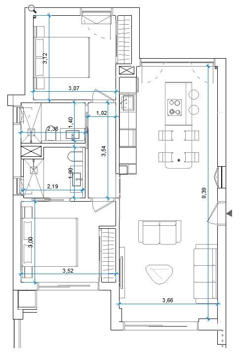 Floor plan of an apartment showing living area with sofa and dining table, kitchen island, two bedrooms, bathroom and hallway with dimension marks.