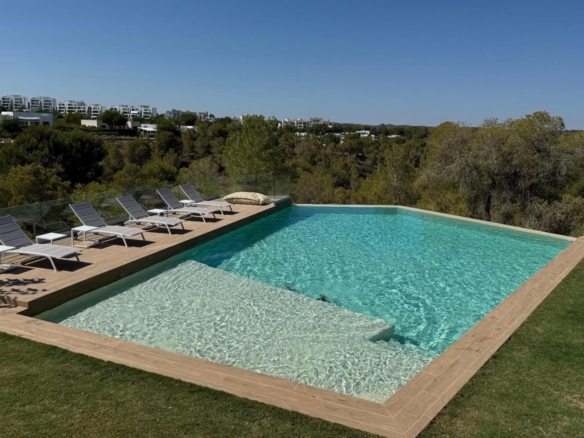 Rectangular pool on a wooden deck with glass railing, lined by gray lounge chairs and a sunny landscape of trees and distant buildings behind it.