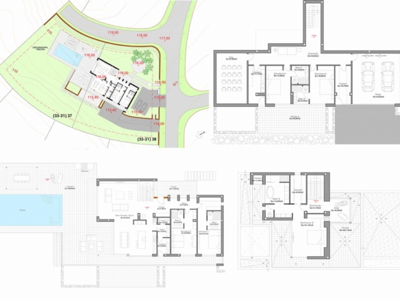 Site plan and architectural floor plans: left shows hillside site with pool, landscaping, and access road; right/top shows blueprinted house floors with rooms and garage.